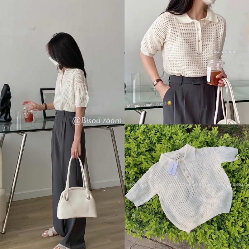 Áo polo lưới dệt basic 2 màu( be,trăng ) - Ảnh thật Bisou