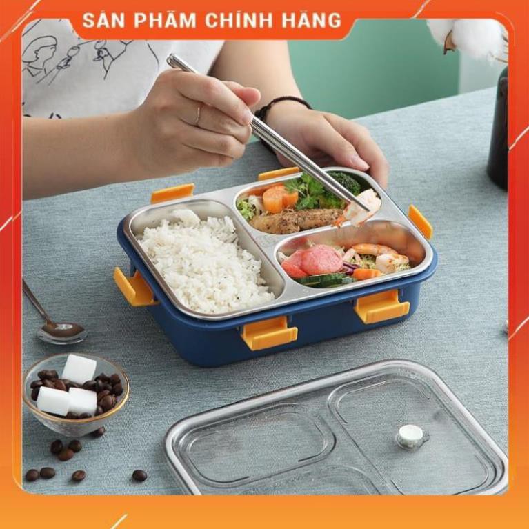 CHÍNH HÃNG -  Khay đựng cơm inox 3 ngăn có nắp giữ nhiệt,Hộp cơm văn phòng inox 3 ngăn giữ nhiệt 7059