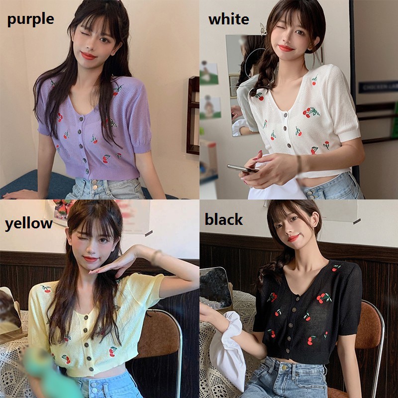 Áo Cardigan Ngắn Tay Thêu Hình Trái Cherry Xinh Xắn Dành Cho Nữ