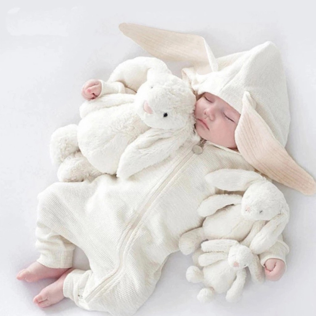 Body dài tay liền thân mũ tai thỏ, bodysuit dài tay cotton cho bé trai và bé gái sơ sinh từ 3-17kg - BD43