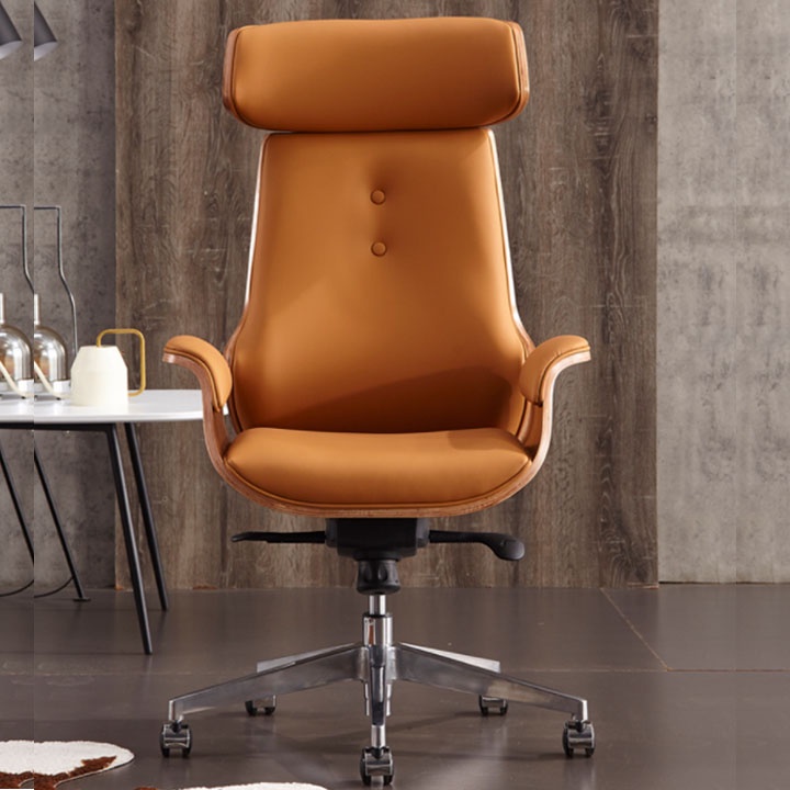 Ghế giám đốc da bò chân xoay lưng ốp gỗ cao cấp chống mỏi lưng BJ746, Ghế xoay văn phòng làm việc cho lãnh đạo
