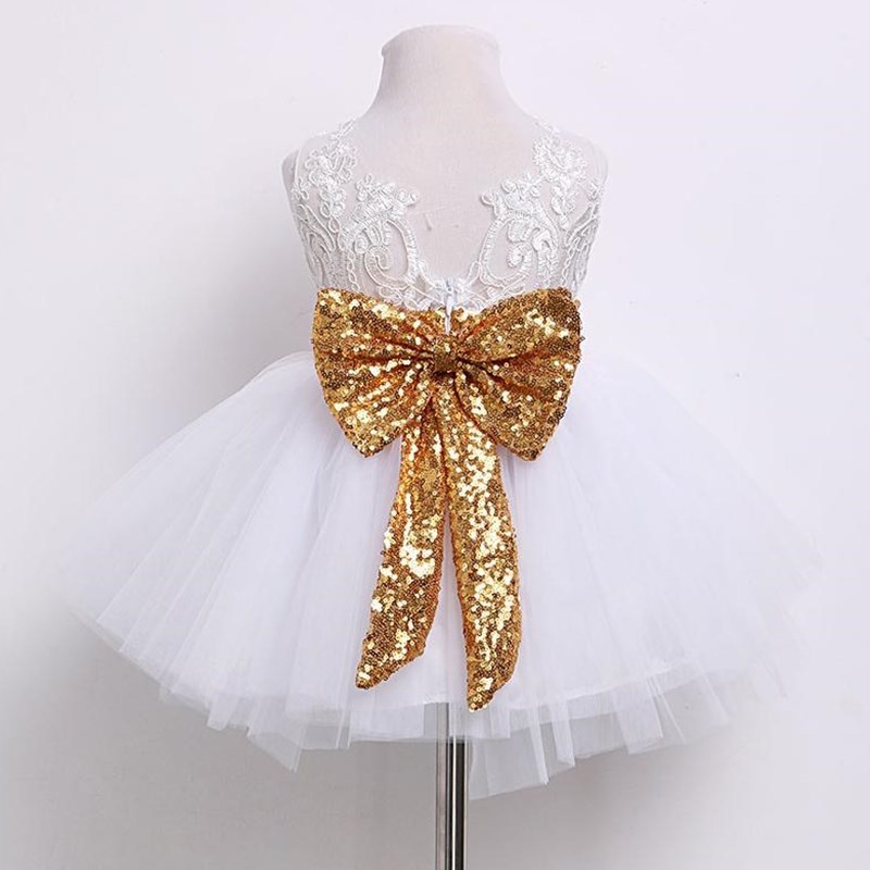 Đầm Xòe Công Chúa 1 Tuổi Đính Kim Sa / Ren / Nơ Màu Trắng Xinh Xắn Thời Trang Dự Tiệc Cho Bé Gái
