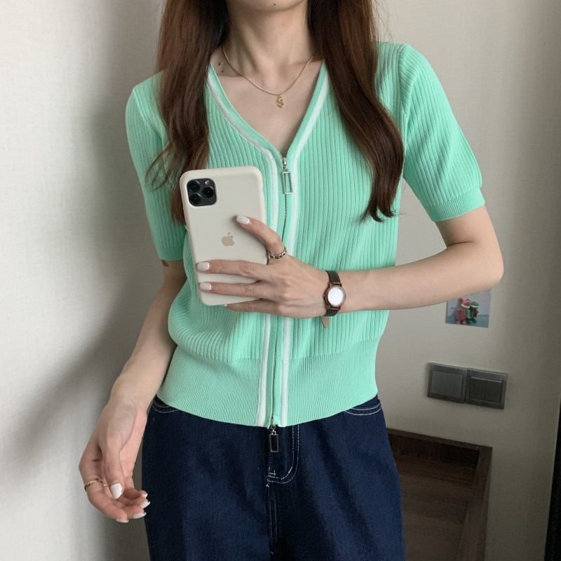 Áo cardigan ZHELIHANGFEI dệt kim tay ngắn cổ chữ V phối màu tương phản thời trang mùa hè 2022 cho nữ