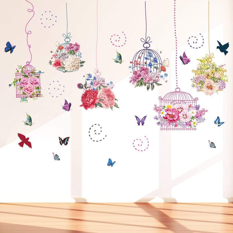 [HCM]DECAL DÁN TƯỜNG LỒNG CHIM HOA SẮC MÀU
