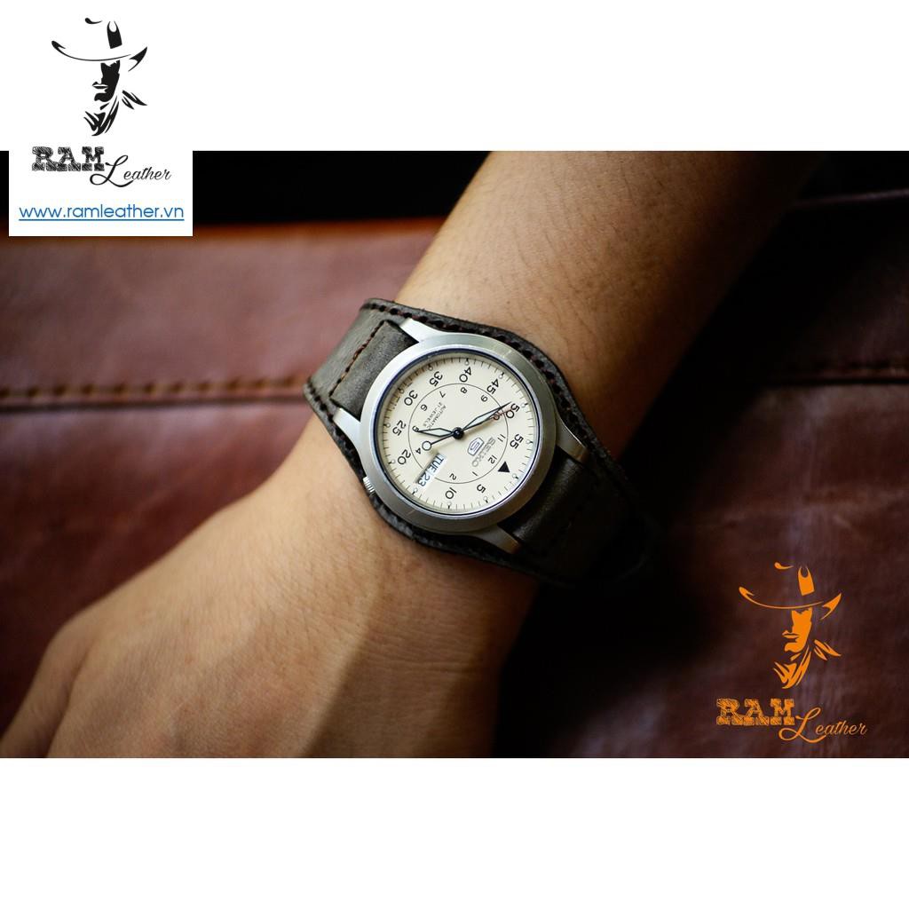 Dây Đồng Hồ Da Bò Ram Bundstrap Bx1939 Da Bò Xám Than Lục Quân Đức - RAM