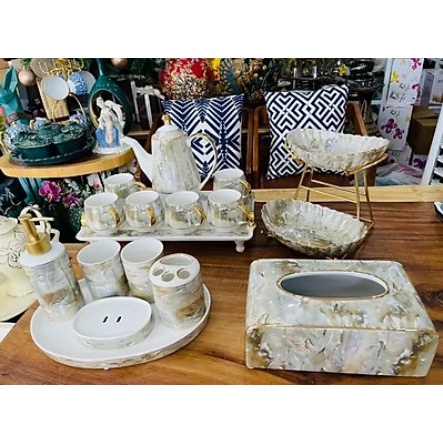 GIA ĐỂ BÁNH KẸO HOA QUẢ 2 TẦNG , 3 TẦNG MÀU TRẮNG XÁM VÂN ĐÁ VIỀN VÀNG CAO CẤP