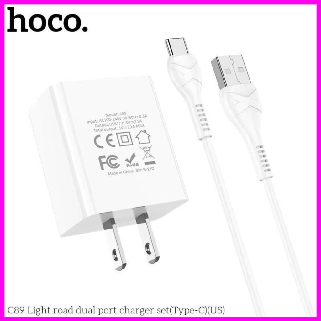 (Chính Hãng) Bộ Củ Cáp Sạc Nhanh hoco C89 2 Cổng usb Kèm Dây Sạc  Loại Chân micro,lightning Và type-c