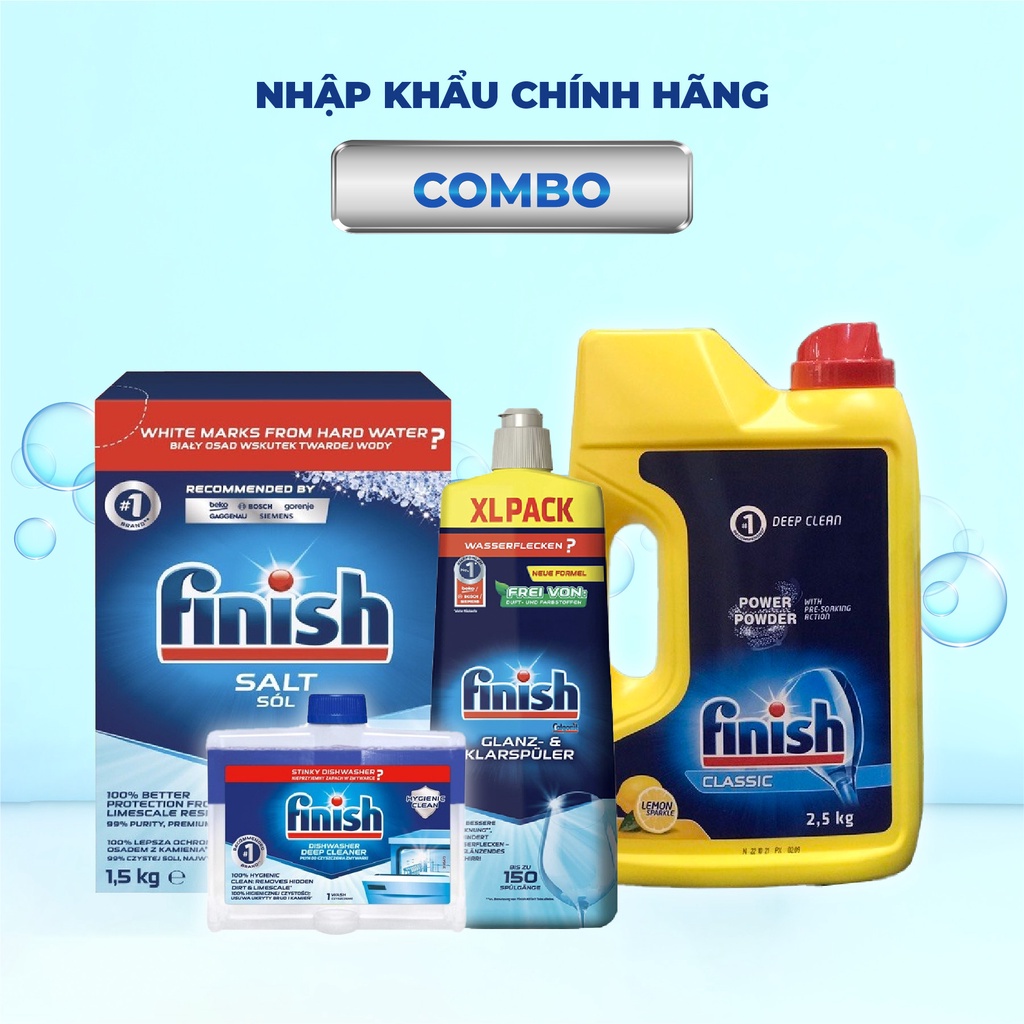 COMBO FINISH: Bột 2,5kg + Muối 1,5kg + Bóng 750ml + Vệ sinh 250ml