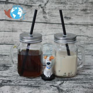 Ly thủy tinh có quai uống trà sữa 450ml nắp có lổ