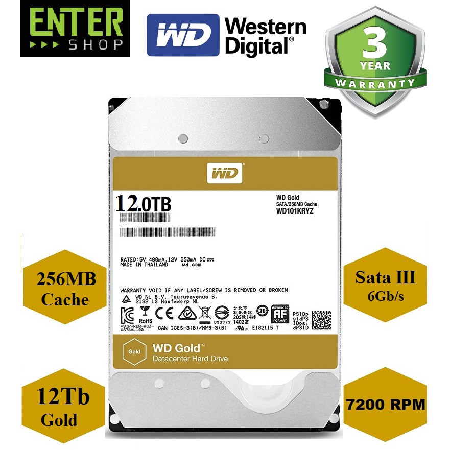 [Mã ELCLMAY giảm 7% đơn 500K] Ổ cứng HDD 3.5inch WD Gold 12Tb sata3 7200 dòng 256Mb cache | BigBuy360 - bigbuy360.vn