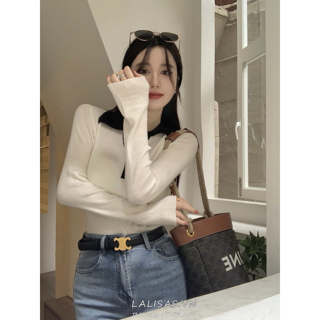 Áo Len Tay Dài Cổ Chữ V Màu Tương Phản Phong Cách Hàn Quốc Thời Trang