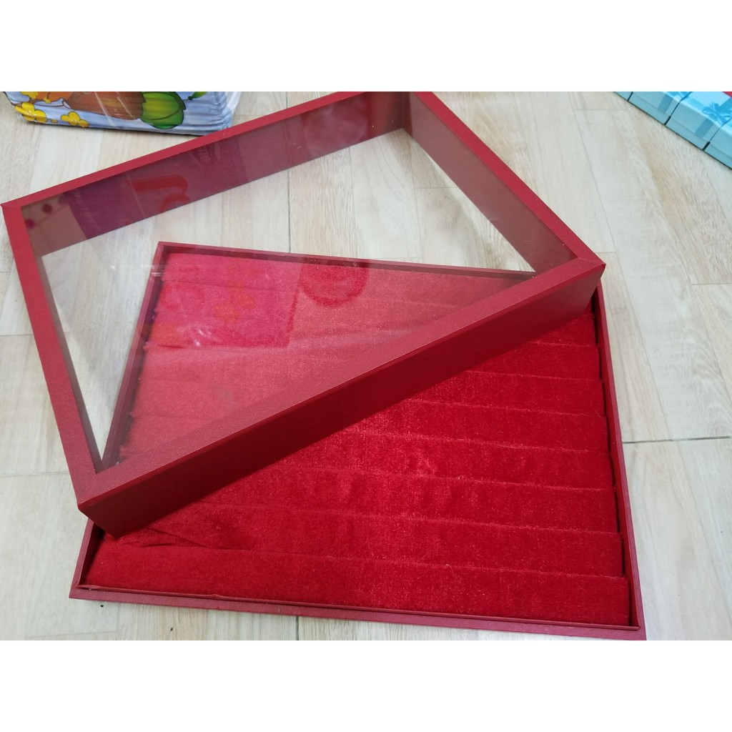 Hộp nhung nắp kính trưng bày vòng kiềng trưng bày nhẫn màu đỏ màu trắng màu đen size 32 x 24 x 4,5 cm