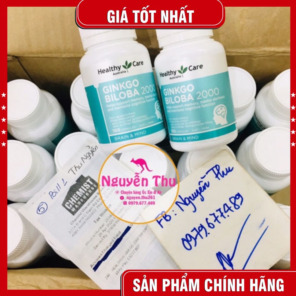 (Mẫu mới) Bổ Não, hoạt huyết dưỡng não Ginkgo Biloba Healthy care Úc, Chuẩn Chemist đủ bill