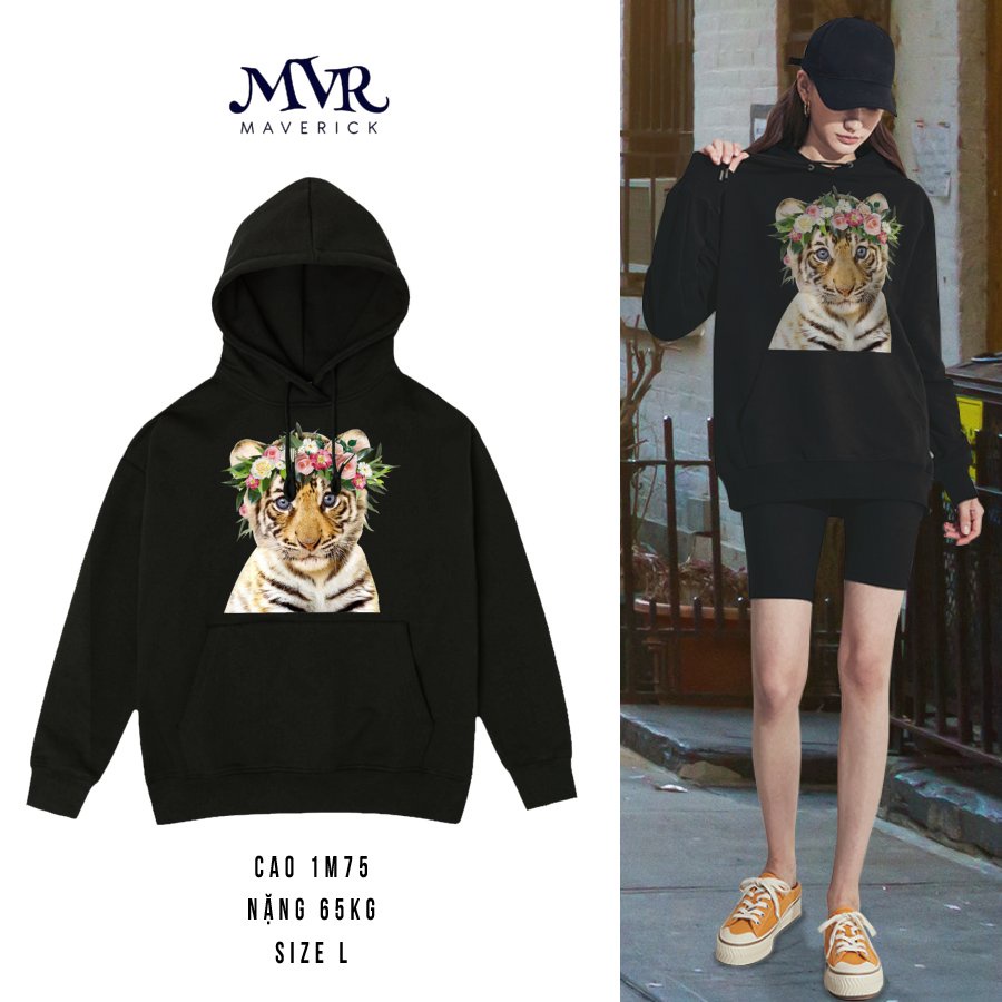 Áo Hoodie Tròng Đầu Giữ Ấm Hình Cọp Con Baby Tiger With Flowers Unisex Nam Nữ Đủ Size BB1334