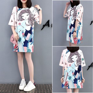 Đầm big size quảng châu suông in hình họa tiết cô gái  D912