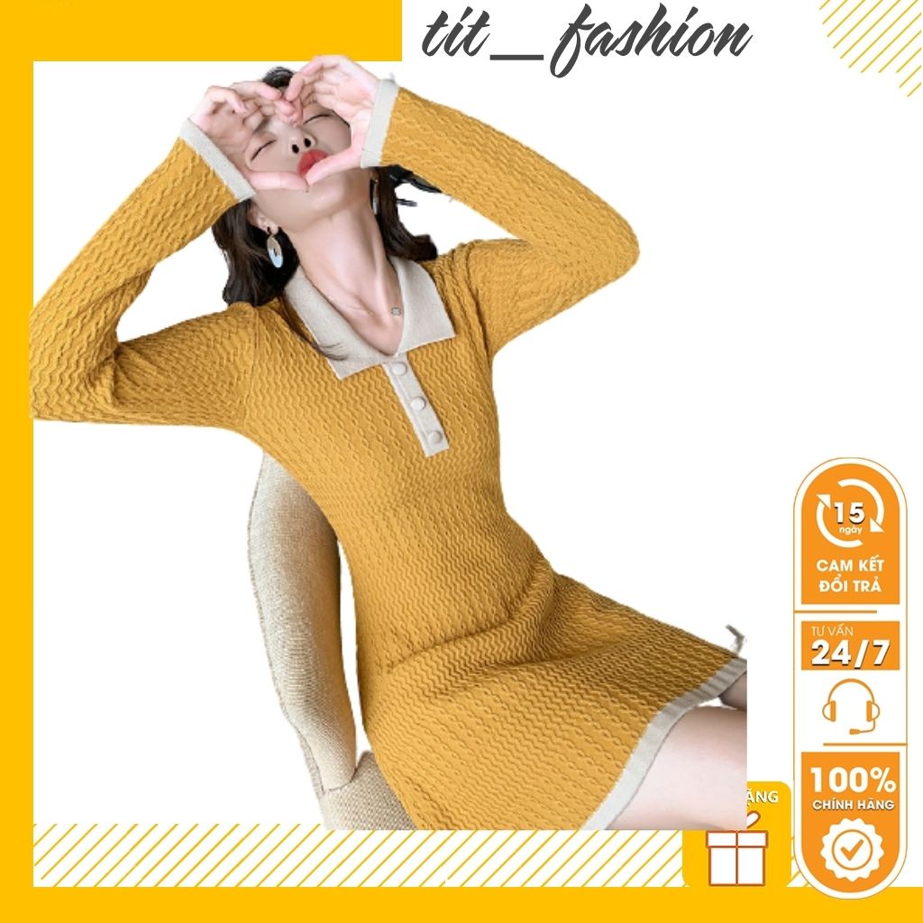 Váy len chữ a dài tay dáng ngắn , cổ bẻ cao cấp phong cách thu đông Hàn Quốc , thời trang công sở