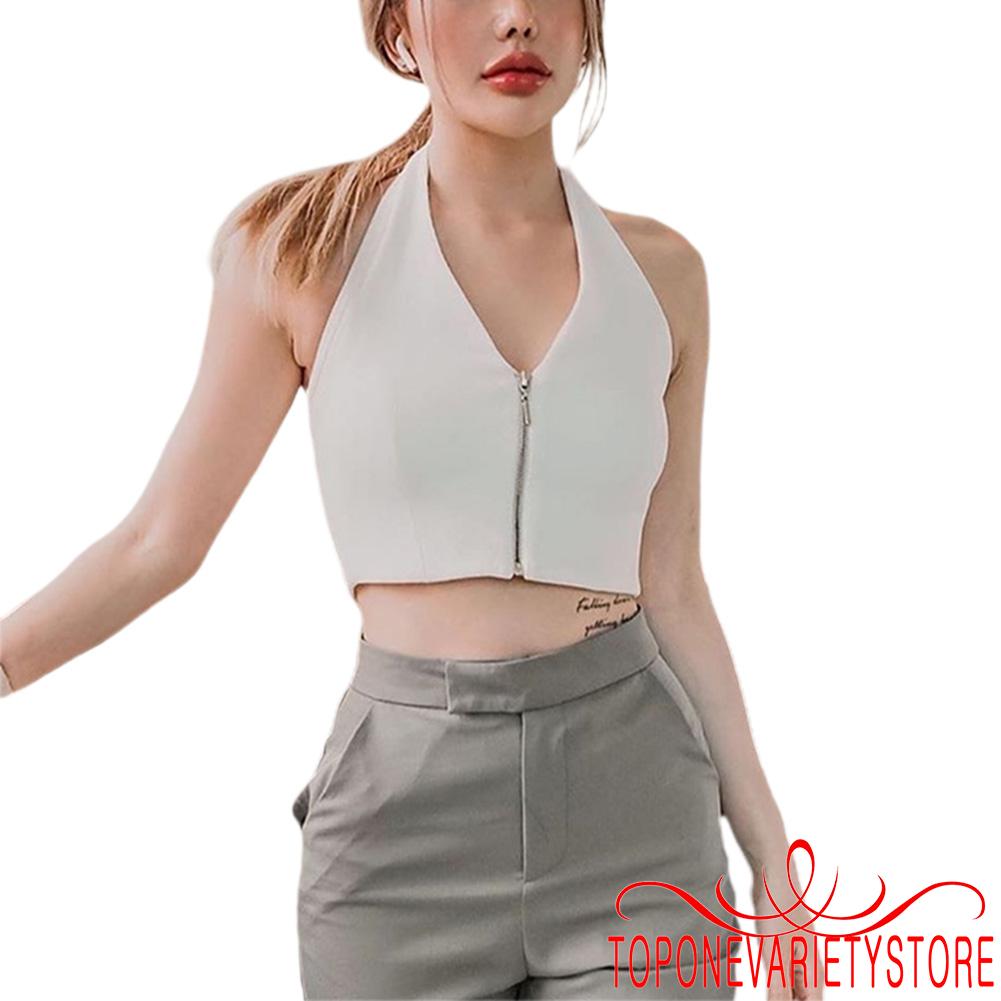 Áo croptop sát nách cổ chữ V hở lưng có khóa kéo trước thời trang mùa hè cho nữ