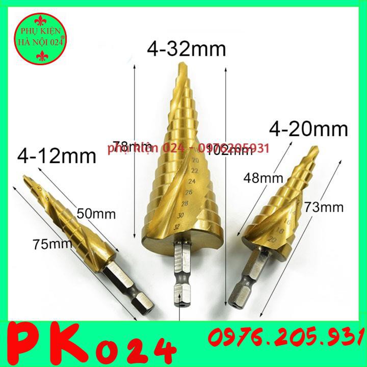 Bộ 3 Mũi Khoan Tầng Tháp Xoắn - Chuôi Lục Giác 4-32mm Khoan Sắt,Nhôm...Trục 6.35mm Màu Vàng Cao Cấp Sang Trọng