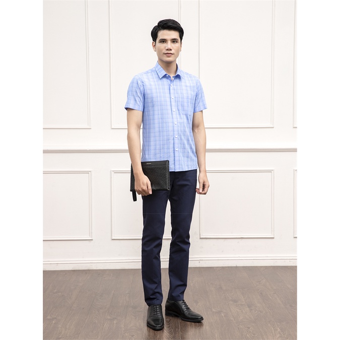 [MẪU MỚI] Áo sơ mi nam ngắn tay ARISTINO dáng Perfect fit suông vừa, họa tiết xanh kẻ trắng lịch lãm - ASS143S1