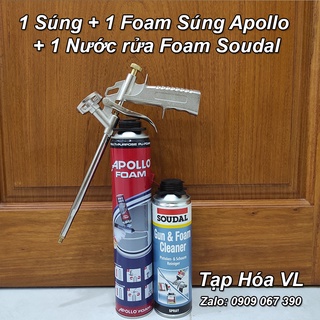 1 súng bắn foam bọt nở + 1 foam súng apollo 750ml + 1 nước rửa foam soudal 500ml