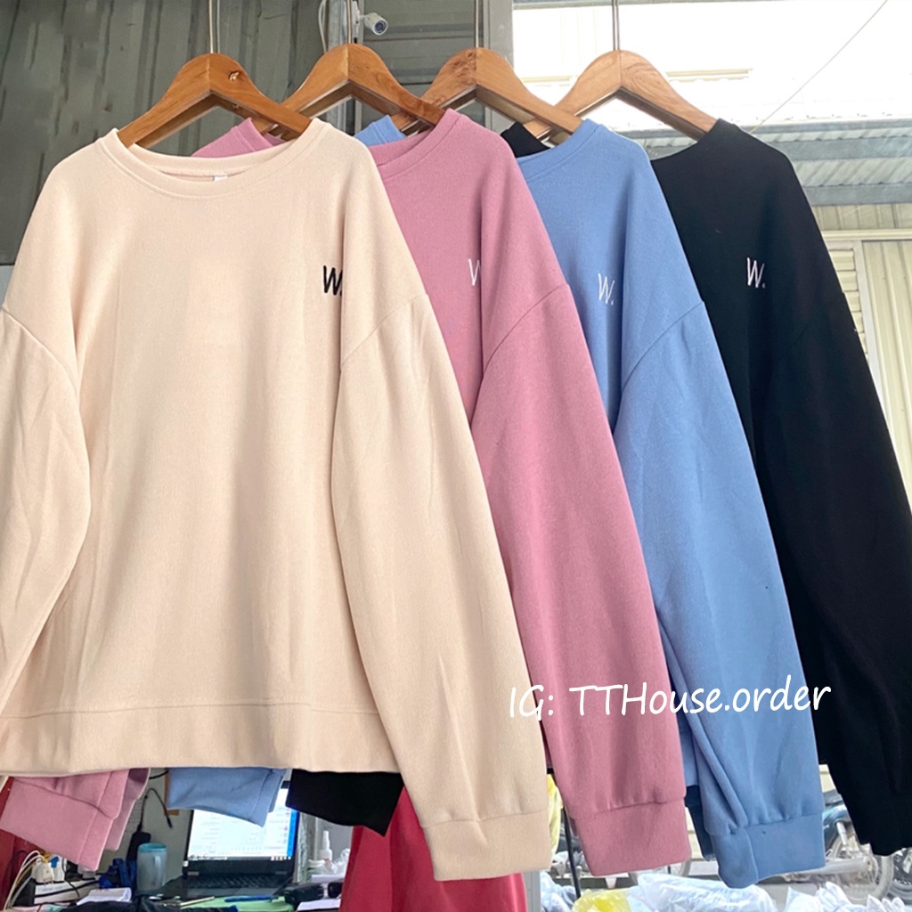 Áo Sweater Trơn Tay Dài Unisex Chất Vải Da Cá Thêu Chữ W. - INBOX TRƯỚC KHI ĐĂT