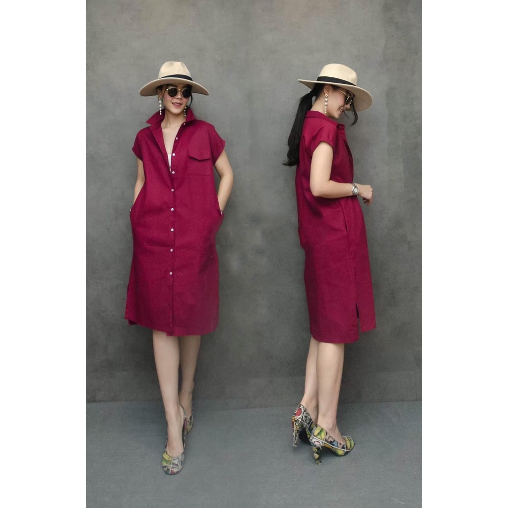 Đầm suông sơ mi linen tay cộc phong cách trẻ