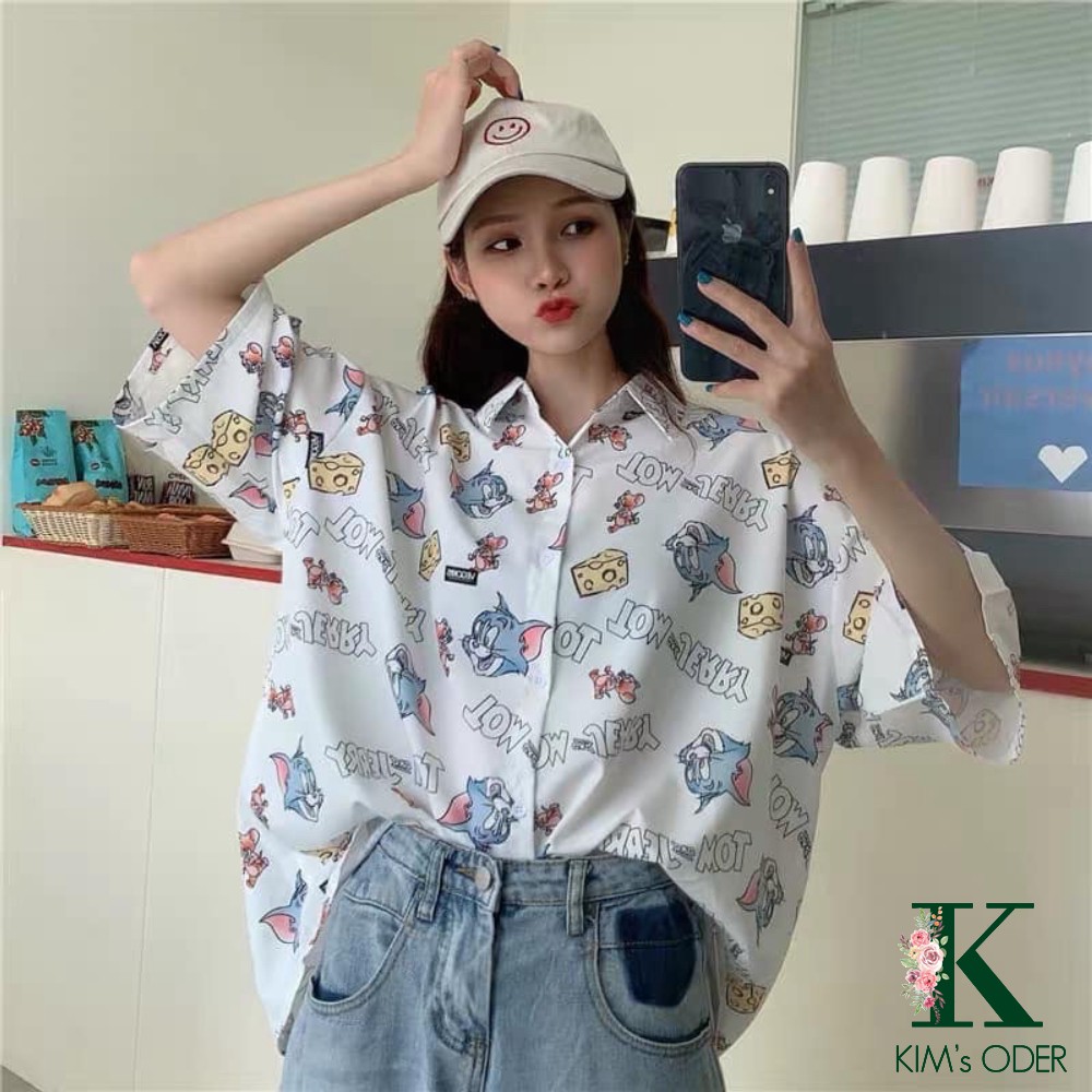 Sơ mi hoạ tiết Unisex Tom Jerry tay lỡ dáng rộng hai màu trắng xanh đậm thời trang hot trend cá tính đẹp có bigsize