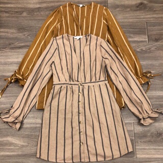 Đầm Linen Rút Tay Dài Loe Favlux Sọc Có Nút - 0597