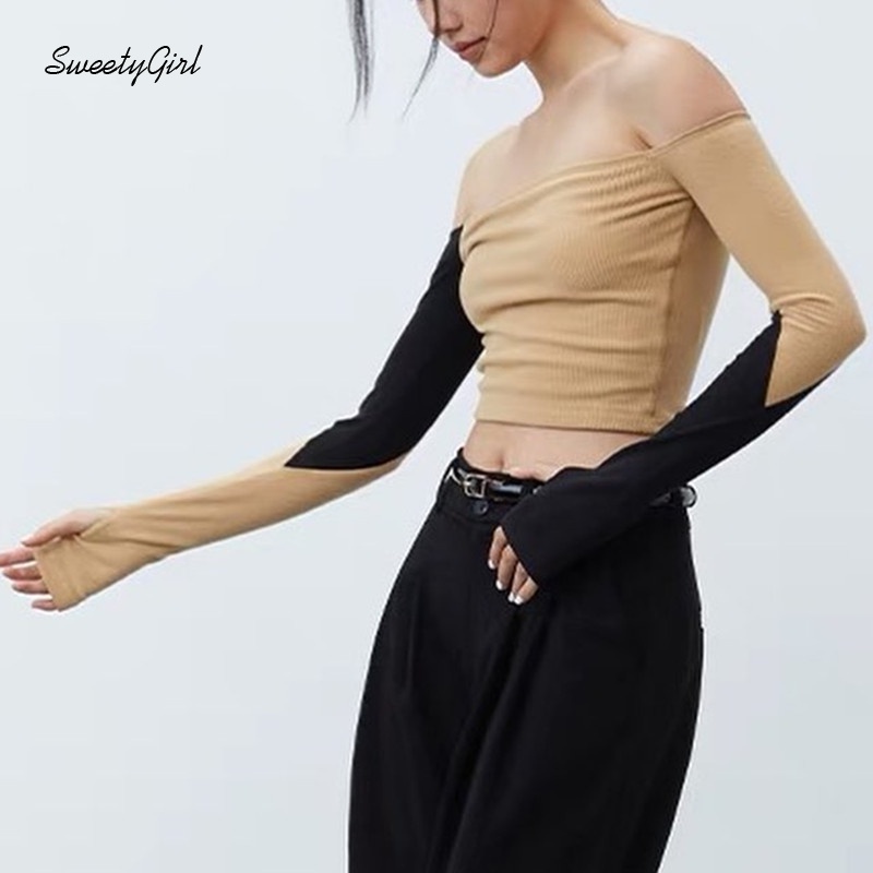 Áo croptop tay dài trễ vai màu sắc tương phản quyến rũ cho nữ