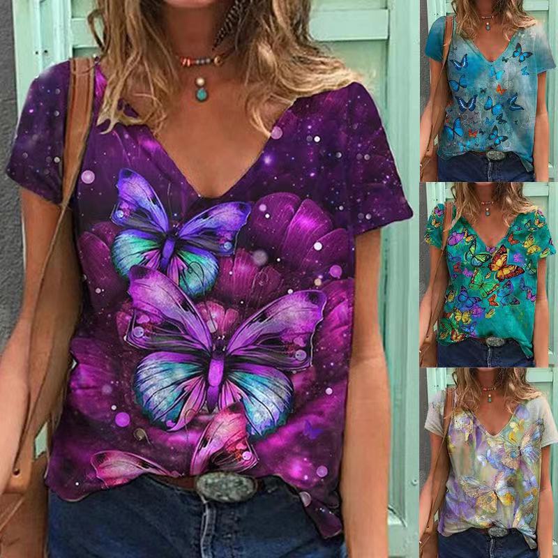 Áo Thun Tay Ngắn In Hình Bướm Thời Trang Mùa Hè Phong Cách Âu Mỹ Mới Cho Nữ 2021