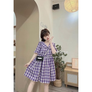 Đầm suông cộc tay kẻ cổ tròn viền bèo, váy kẻ bầu bí ngắn tay cổ bèo siêu cute
