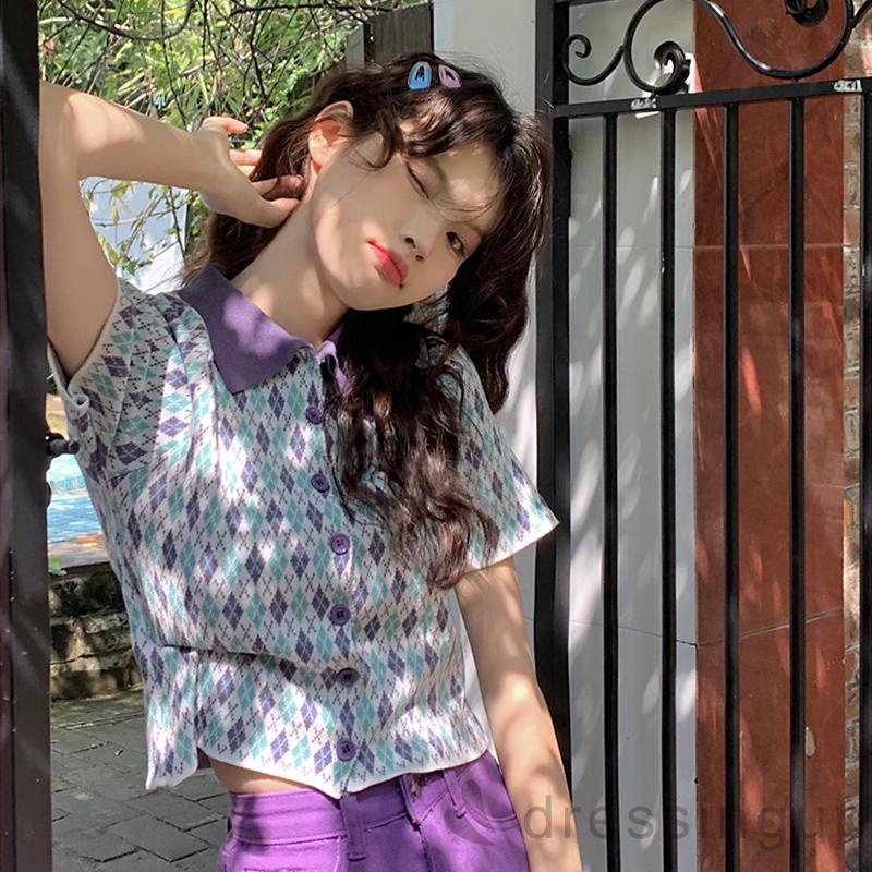 Áo Thun Ngắn Tay Cổ Bẻ Màu Sắc Tương Phản Thời Trang Mùa Hè Cho Nữ