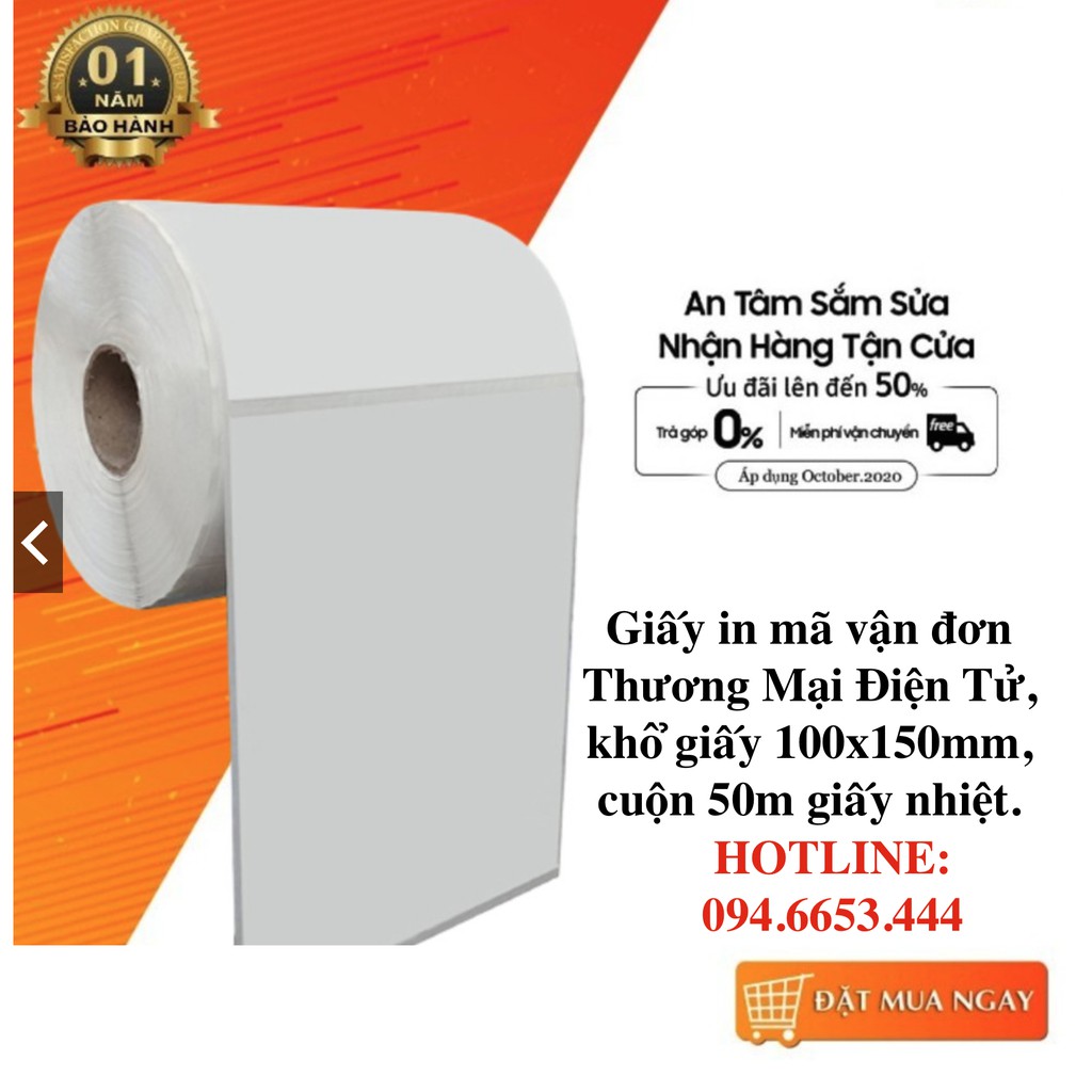 Giấy in mã vận đơn thương mại điện tử khổ 100x150 mm, cuộn 50m