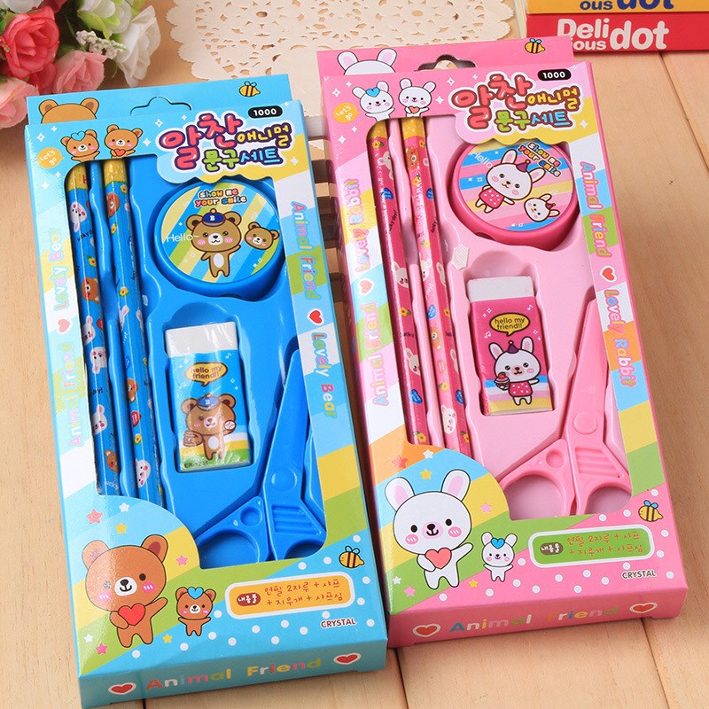 Bộ dụng cụ học tập 5 món bút chì,kéo cắt giấy,gôm tẩy,gọt bút chì_văn phòng phẩm dễ thương