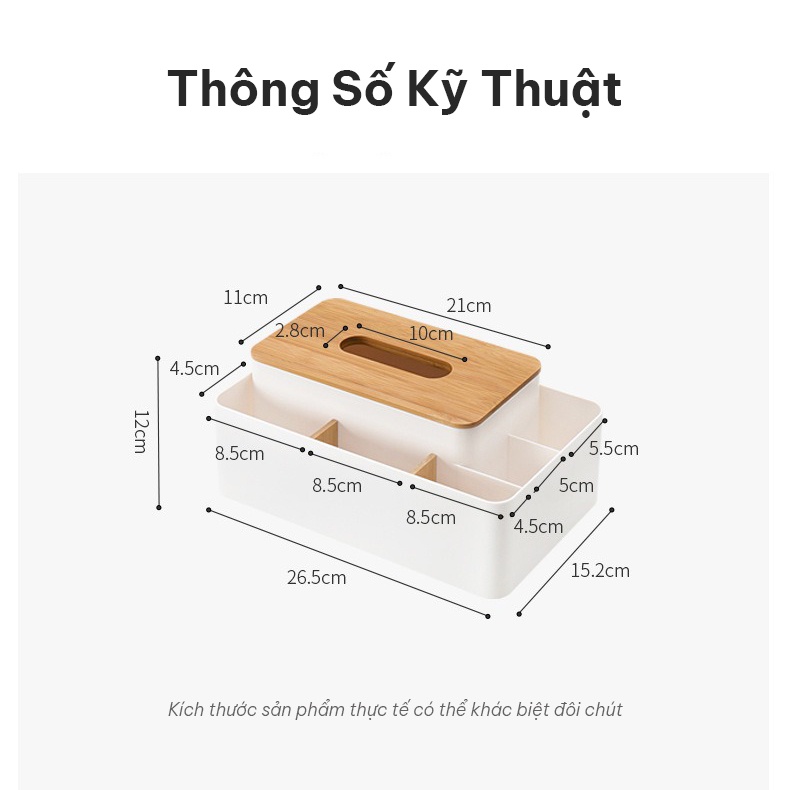 Hộp Đựng Giấy Ăn Để Bàn Có Ngăn Để Đồ, Để Điện Thoại Đa Năng, Hộp Khăn Giấy Nắp Tre Chống Mối Mọt SP005300