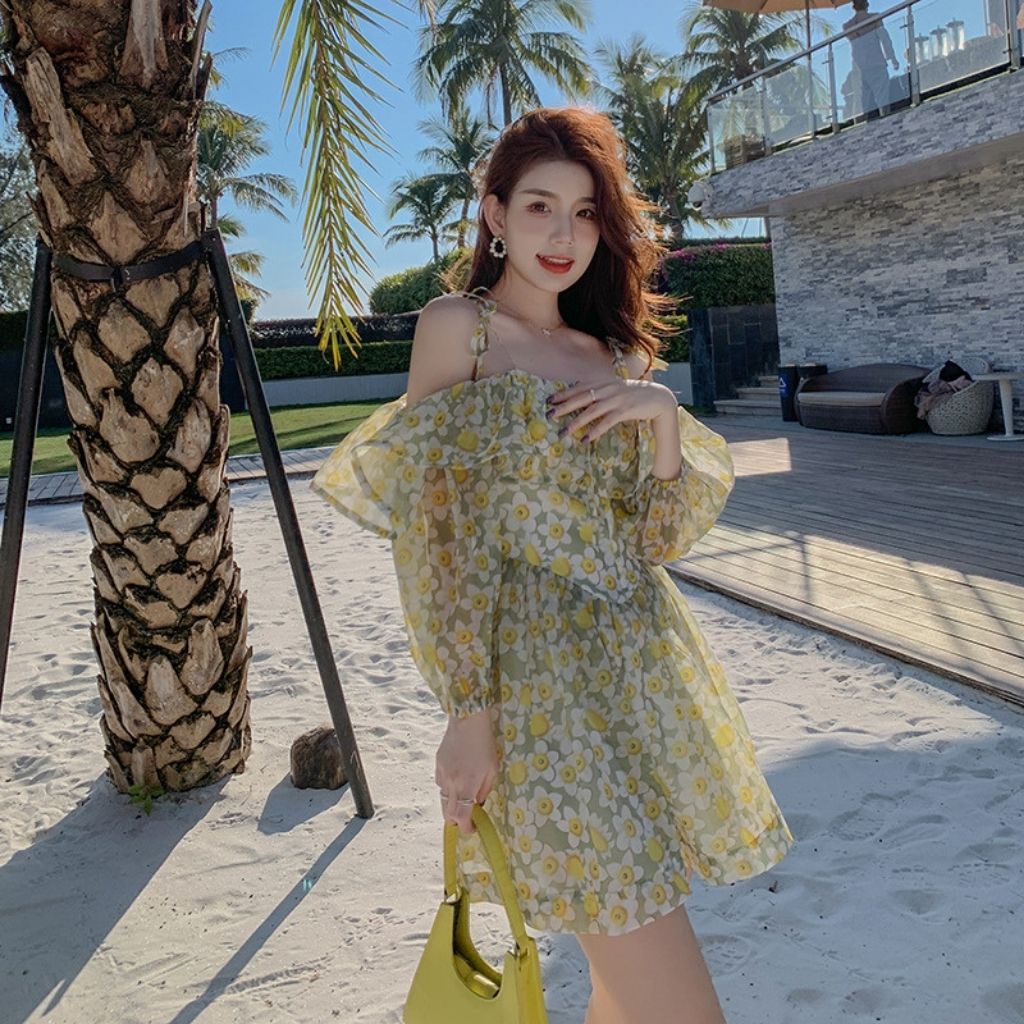 Váy hoa nhí , đầm trễ vai xòe dáng ngắn phong cách tiểu thư mùa hè Hàn Quốc