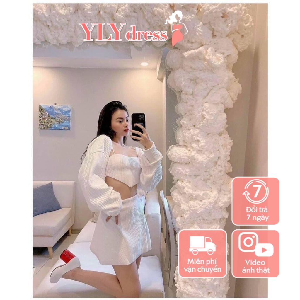 Set váy 3 món trắng freesize áo hay dây mix áo khoác lửng dài tay chân váy chữ A sexy hàn quốc ylydress C438