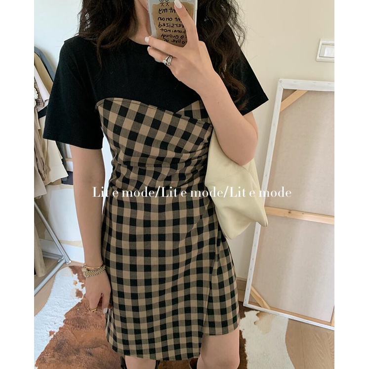 Đầm ngắn SUXI dáng chữ A họa tiết sọc caro phong cách cổ điển thời trang xuân thu xinh xắn cho nữ