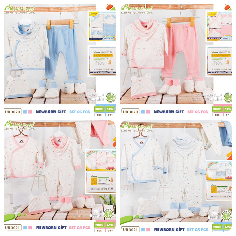Set hộp quà tặng 8 món trọn bộ Uala Rogo quần áo phụ kiện cho bé sơ sinh Bamboo cao cấp mềm mịn mát thấm hút tốt 3021