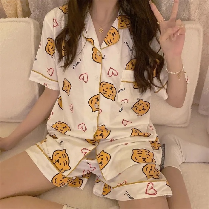 Bộ Đồ Ngủ Cotton Tay Ngắn In Họa Tiết Hoạt Hình / Kẻ Ô Dành Cho Nữ