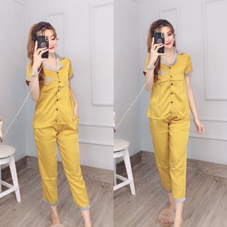 Đồ Bộ Nữ Chất Phi Bóng Phối Viền Tay Ngắn Quần Dài Cực Xinh