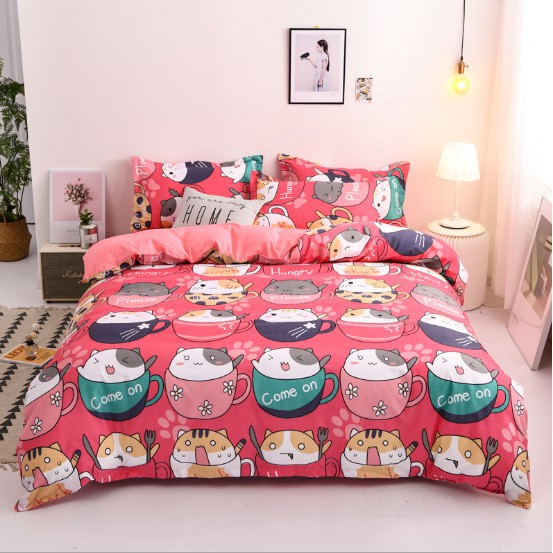 Bộ 3 Món Ga Gối Cotton Poly Mẫu MÈO CỐC ĐỎ _evily1990