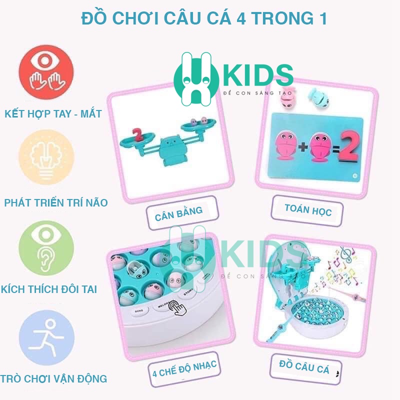 Đồ Chơi Câu Cá Nam Châm kèm cân toán học có phát nhạc Tiếng Anh, thẻ bảng chữ số, sạc pin bằng USB và 45 cá nhỏ