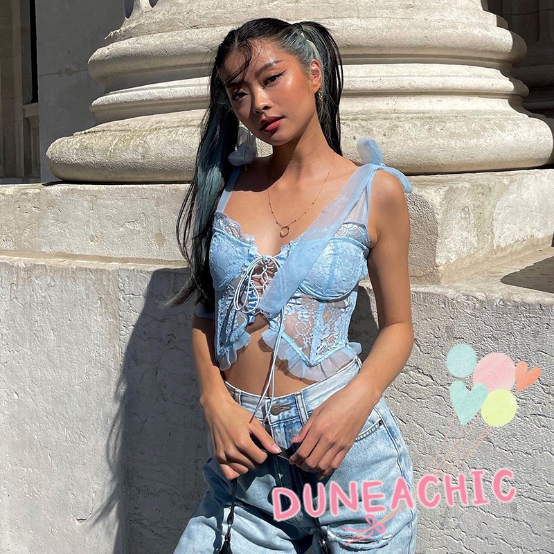 DUNEA Áo Tank Top Hở Lưng Phối Ren Phong Cách Quyến Rũ