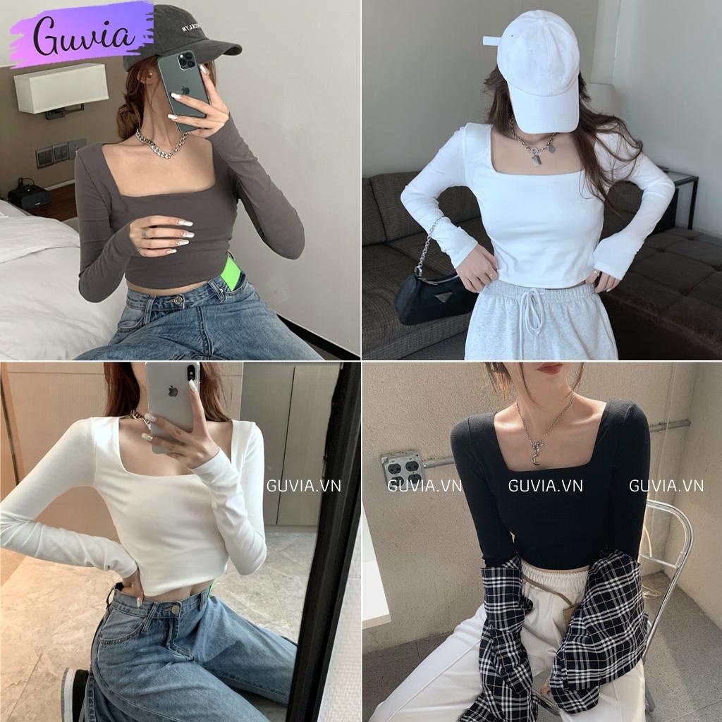 Áo Croptop Nữ Cổ Vuông Tay Dài Ôm Body Co Giãn Tốt, Áo Croptop Tay Dài Cổ Vuông Thun Borip GUVIA