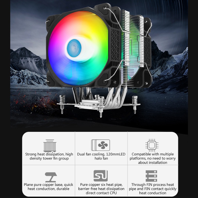 QUU 2 Power 6pcs High Efficiency Copper Tube RGB CPU Radiator Suitable for LGA 775/1156 amd Motherboard Cooling Fan intel