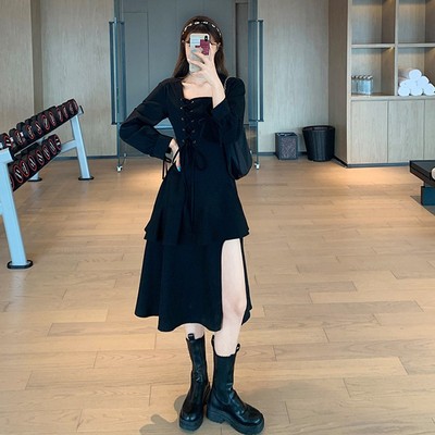 Váy đen xếp lớp eo thon bigsize cỡ đại Pháp quôc blackpink Ullzang dây buộc ngực cá tính cool ngầu thon chân dạo