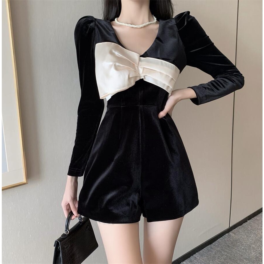 Áo liền quần Nhung Ống Rộng Tay Phồng Đính Nơ Xinh Xắn Theo Phong Cách Mùa Thu | BigBuy360 - bigbuy360.vn