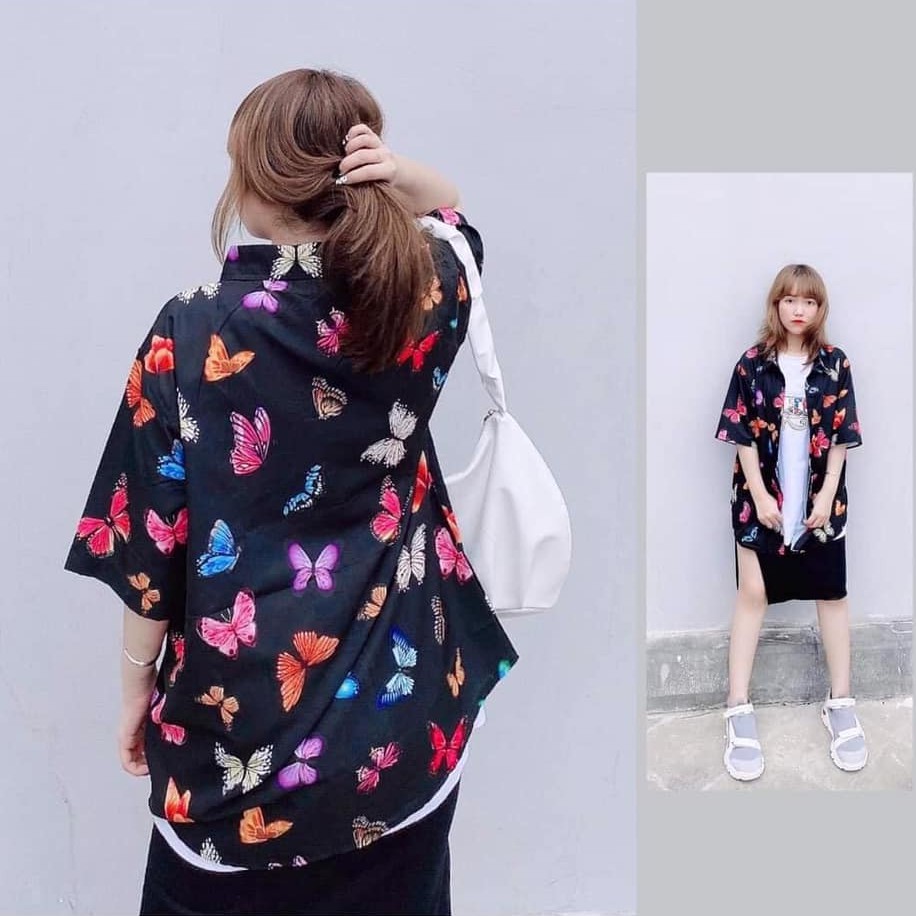 Áo SƠ MI NỮ form rộng in 3D cổ bẻ tay ngắn - lỡ dáng ulzzang freesize unisex mặc cặp, nhóm, in hình ĐÀN BƯỚM