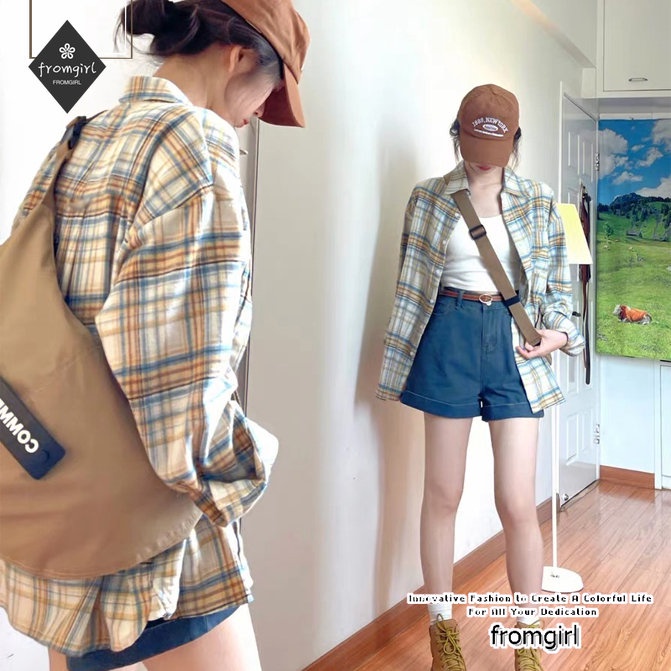 Áo Khoác Sơ Mi Caro Tay Dài Dáng Rộng Thời Trang Cho Nữ